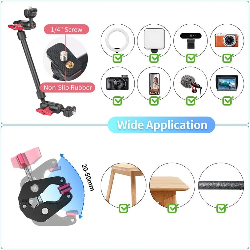 JEBUTU 13"/34cm Magic Arm w Clamp, Camera Mount & Clamp w 1/4" 3/8" Threads and Articulating Friction Magic Arm, Overhead Phone Mount, Camera Boom Arm Mount for Light Webcam Mic Action Camera Monitor - Image 5